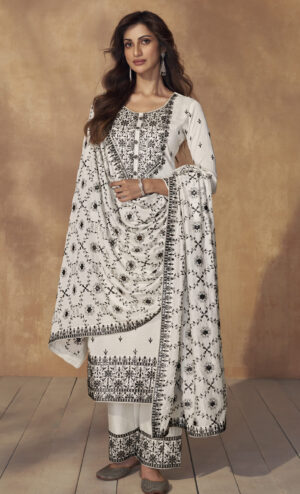 Silk Designer Heavy Embroidered Readymade Kurta Plazo Set Creamy White