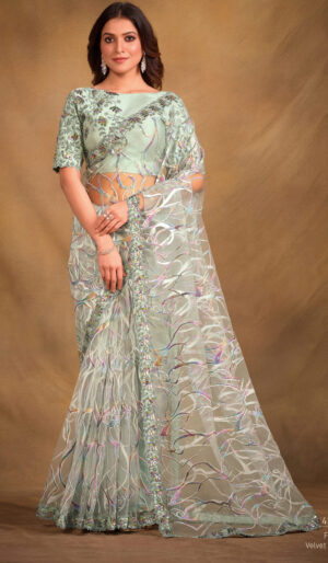 Velvet Texture Net Saree Pastel Green Saree for Wedding