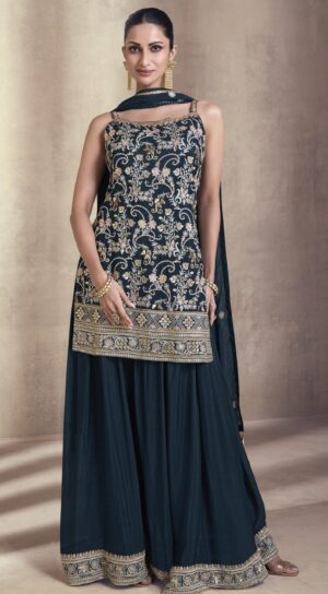 Designer Party Wear Gharara Suit Navy Blue Sharara Suit