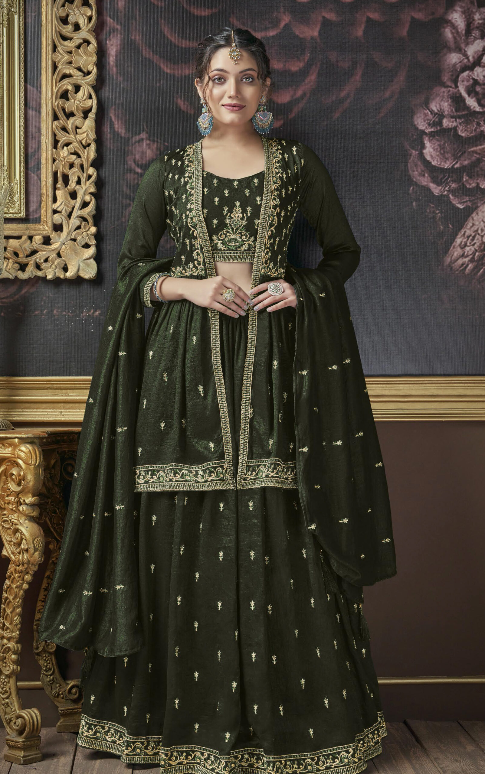 Jacket blouse attached to lehenga with a saree style drape with mirror work  bordered style. - ruceru