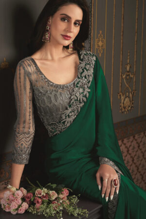 New Trend Sarees for Youngsters Desigenr Blouse Dark Green Sari (1)