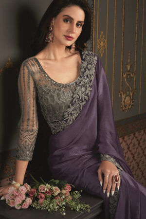 New Trend Sarees for Youngsters Desigenr Blouse Voilet Sari (1)