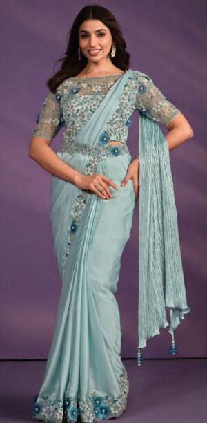 Party Wear Chiffon Saree with Designer Blouse Azure Saree