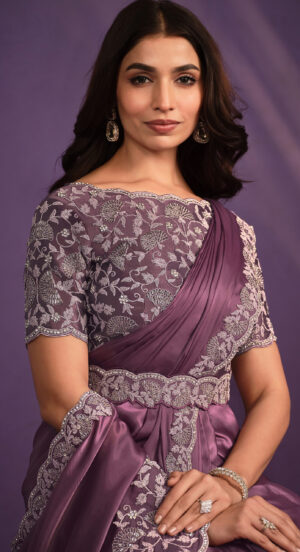 Party Wear Chiffon Saree with Designer Blouse Lilac Pink Saree (1)