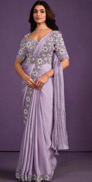 Party Wear Chiffon Saree with Designer Blouse Lilac Purple