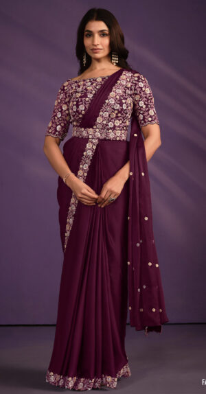 Party Wear Chiffon Saree with Designer Blouse Maroon Wine Saree