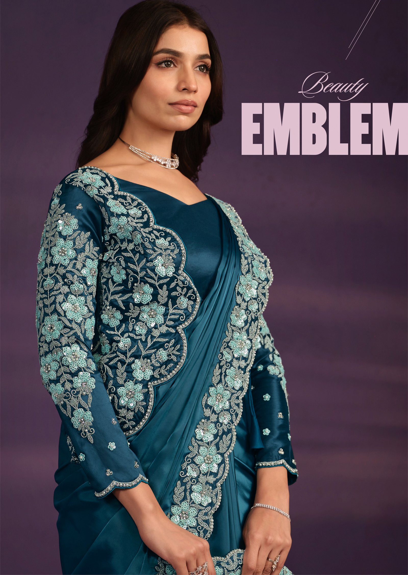 Party Wear Chiffon Saree with Designer Blouse Peacock Blue Saree Design (2)