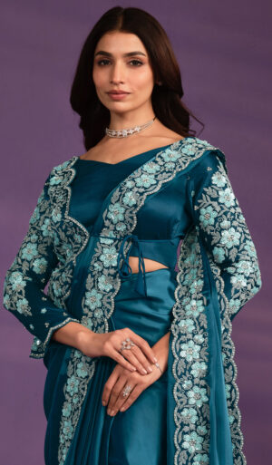 Party Wear Chiffon Saree with Designer Blouse Peacock Blue Saree New Design