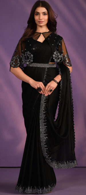 Party Wear Chiffon Saree with Designer Blouse Saree Black
