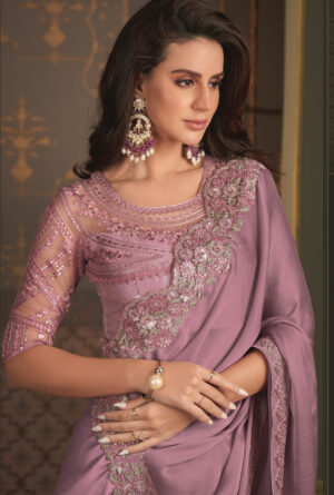Party Wear Designer Chiffon Saree for Wedding Blushing French Lilac