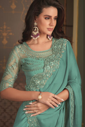 Party Wear Designer Chiffon Saree for Wedding Blushing Pastel Green Saree