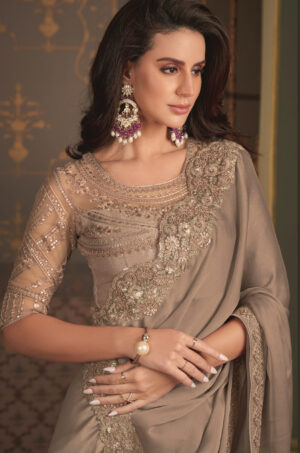 Party Wear Designer Chiffon Saree for Wedding Golden Brown Saree