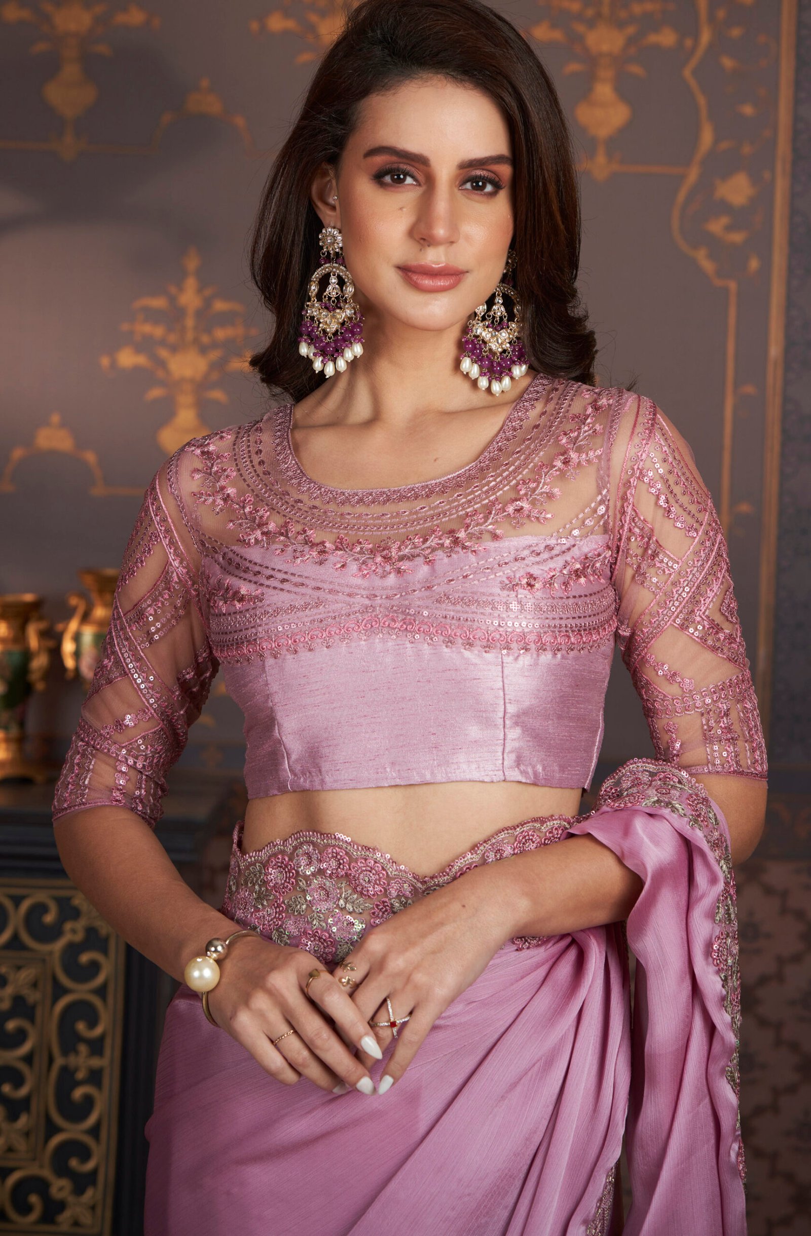 Party Wear Designer Chiffon Saree for Wedding Lilac Saree