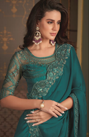 Party Wear Designer Chiffon Saree for Wedding Pine Green Saree