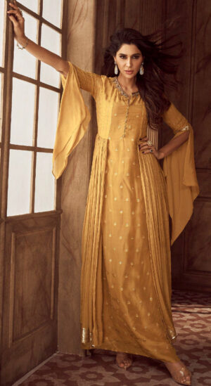 Party Wear Long One Piece Design Gold Yellow Gown Dress