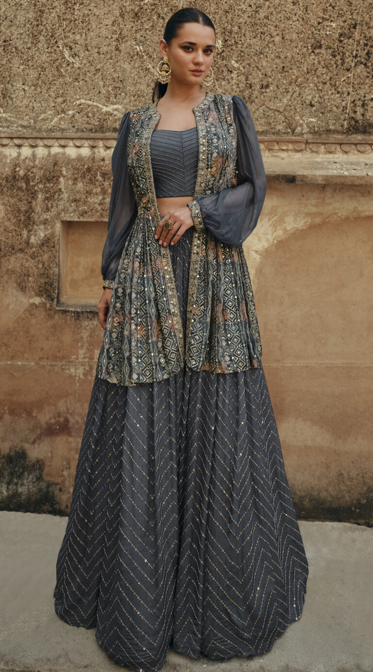 Green Crepe Crop Top with Cape Sleeves & Drape Skirt – Modern Indo-Western Outfit