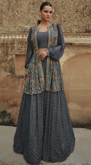 Skirt And Crop Top with Shrug Indo Western Long Dress Grey Colour