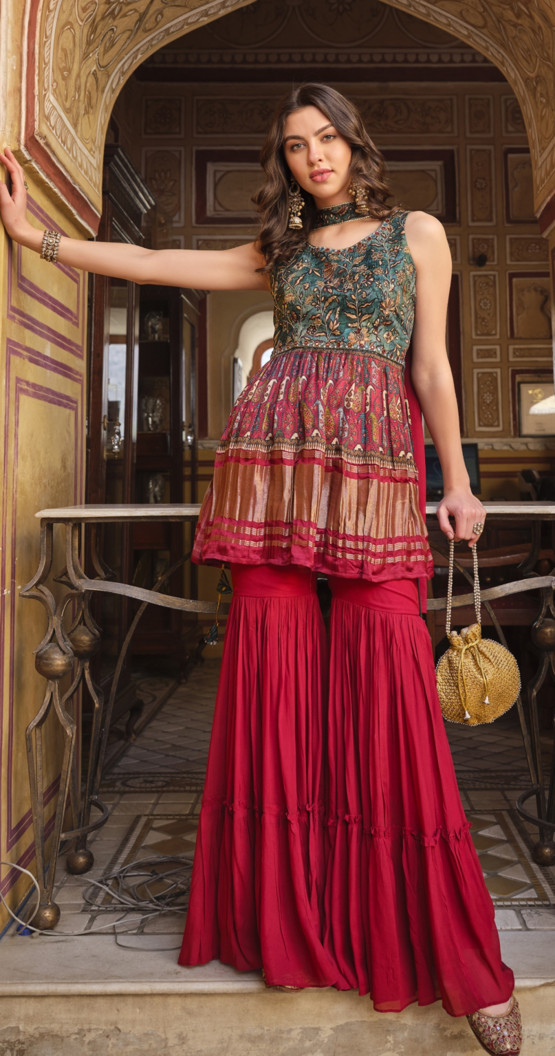 Indo Western Style Black Party Wear Sharara Suit
