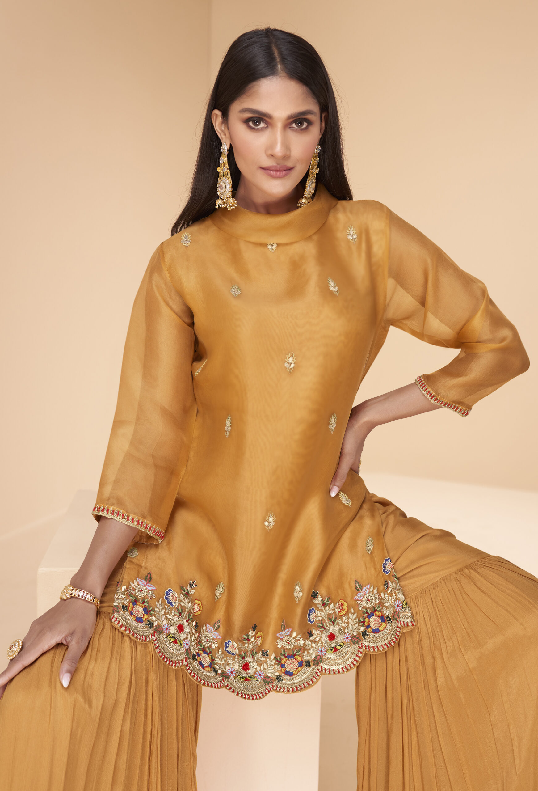 Perfect Haldi outfit in Mustard Color shirt and Sharara with Net dupat –  Amishi by Preet