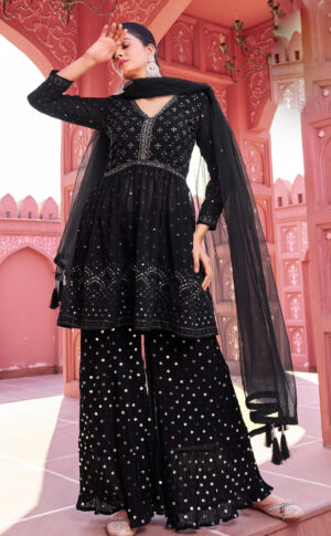 Garara for Wedding Party Black Lucknowi Chikankari Sharara Suit