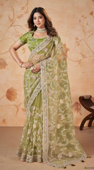 Light Green Saree Net for Wedidng Pista Colour Net Saree