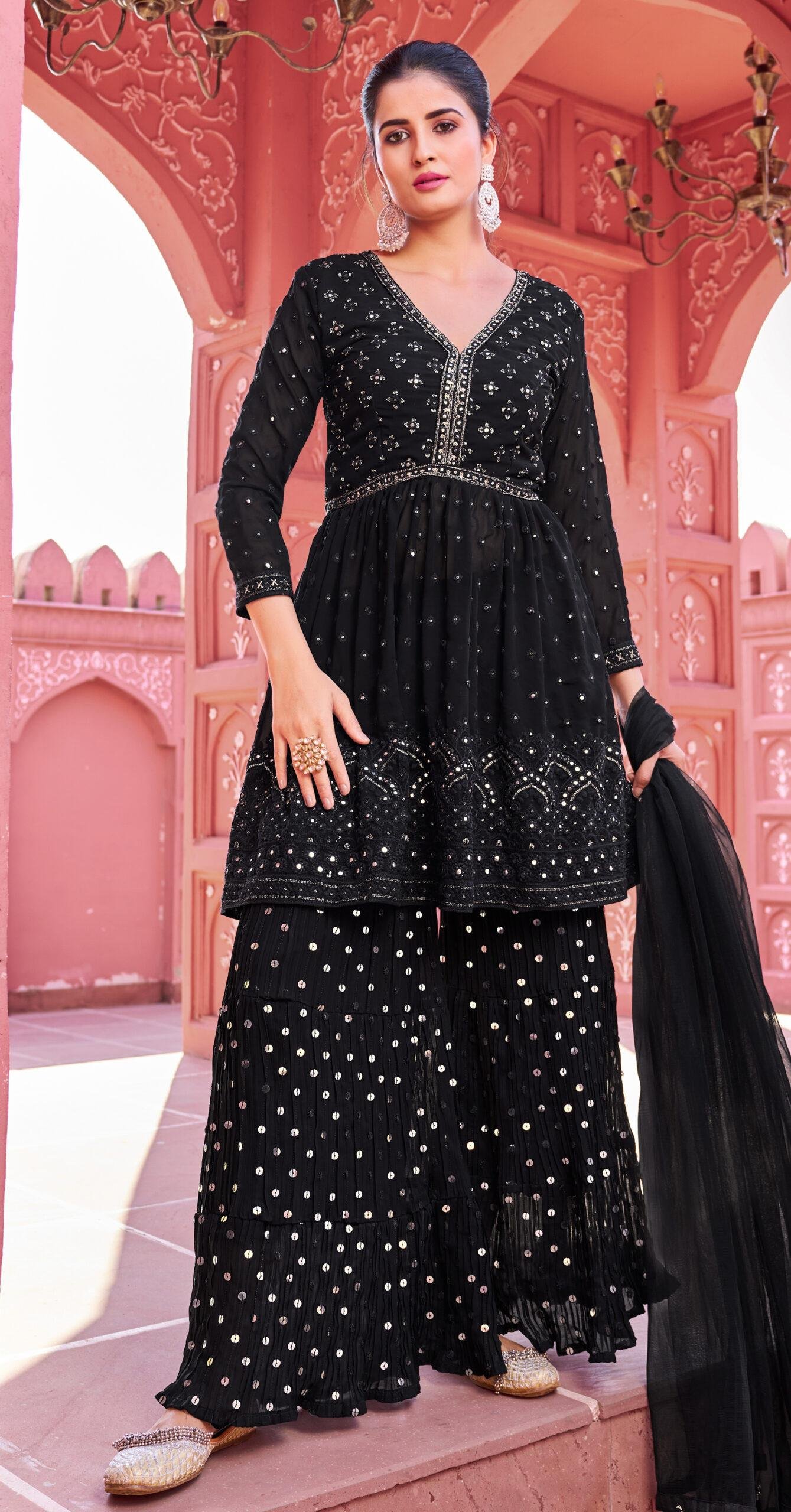 Modern Desiagner Black Sharara Bridal Gharara Kurti
