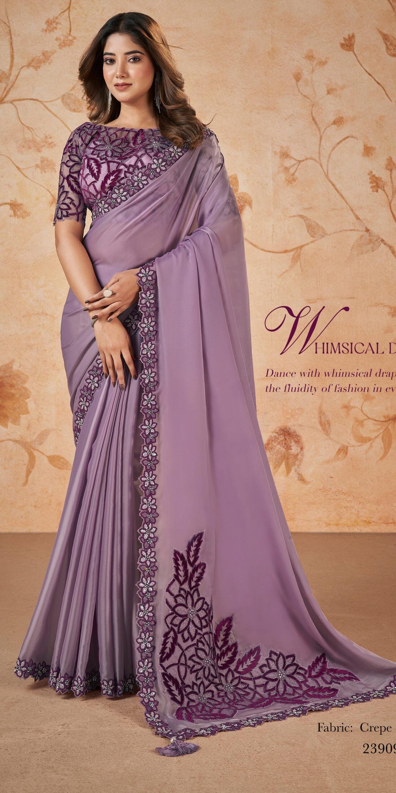 Party Wear Heavy Bridal Saree Lilac Purple Saree for Wedding