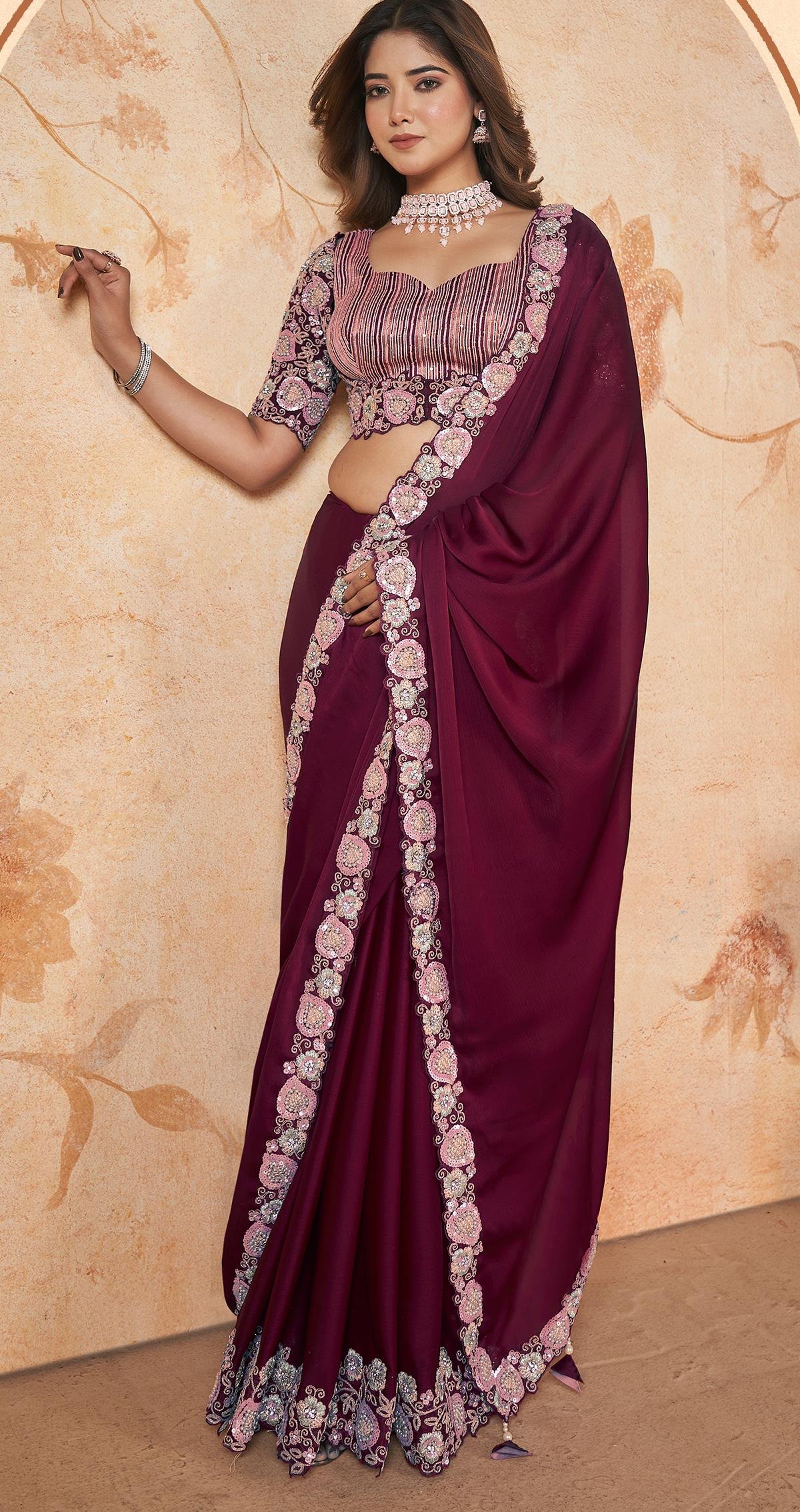 Party Wear Heavy Maroon Saree for Weddiing Modern Reception Saree