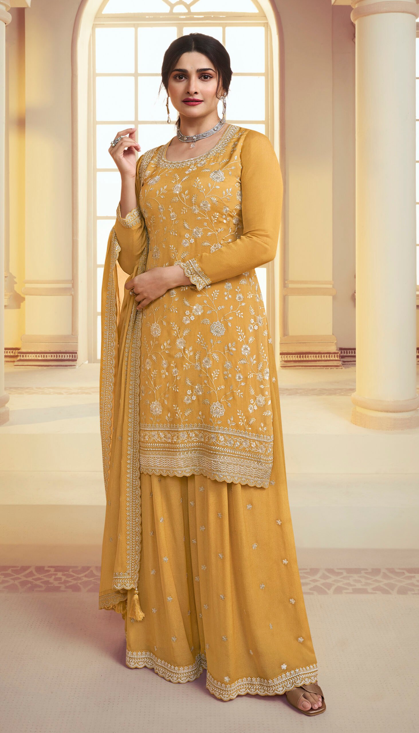 Women Fashion Clothes Stone Work Embroidered Peach Sharara Suit LSTV113581