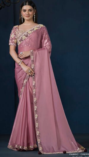 Designer Saree for Brothers Wedding Bubblegum Colour Saree