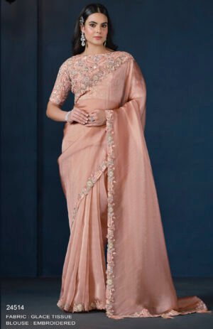 Designer Saree for Brothers Wedding Flamingo Colour