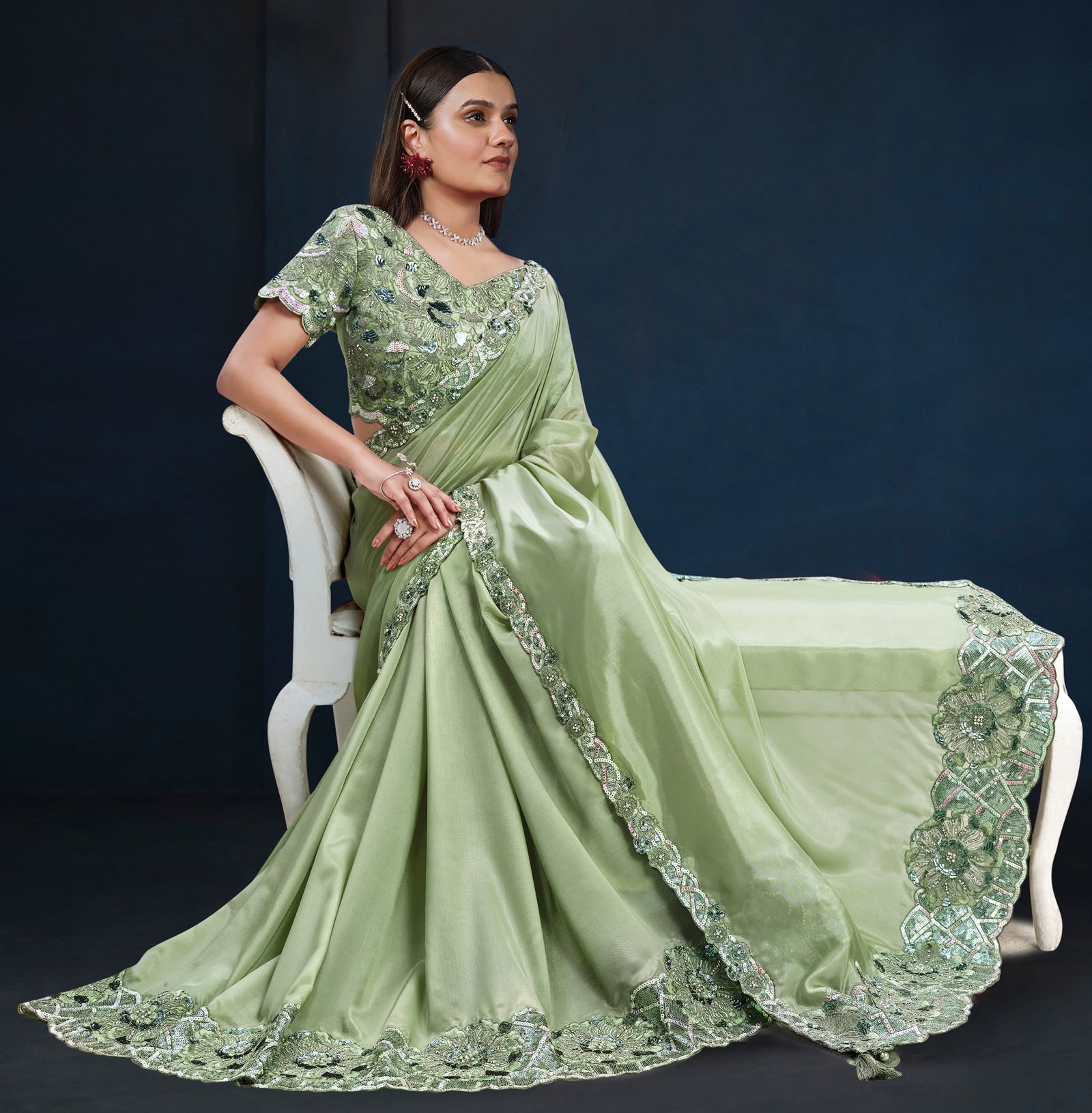 Designer Saree for Brothers Wedding Lime Green Saree