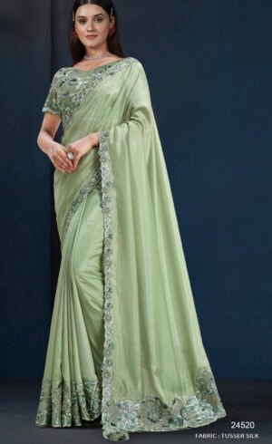 Designer Saree for Brothers Wedding Lime Green Saree