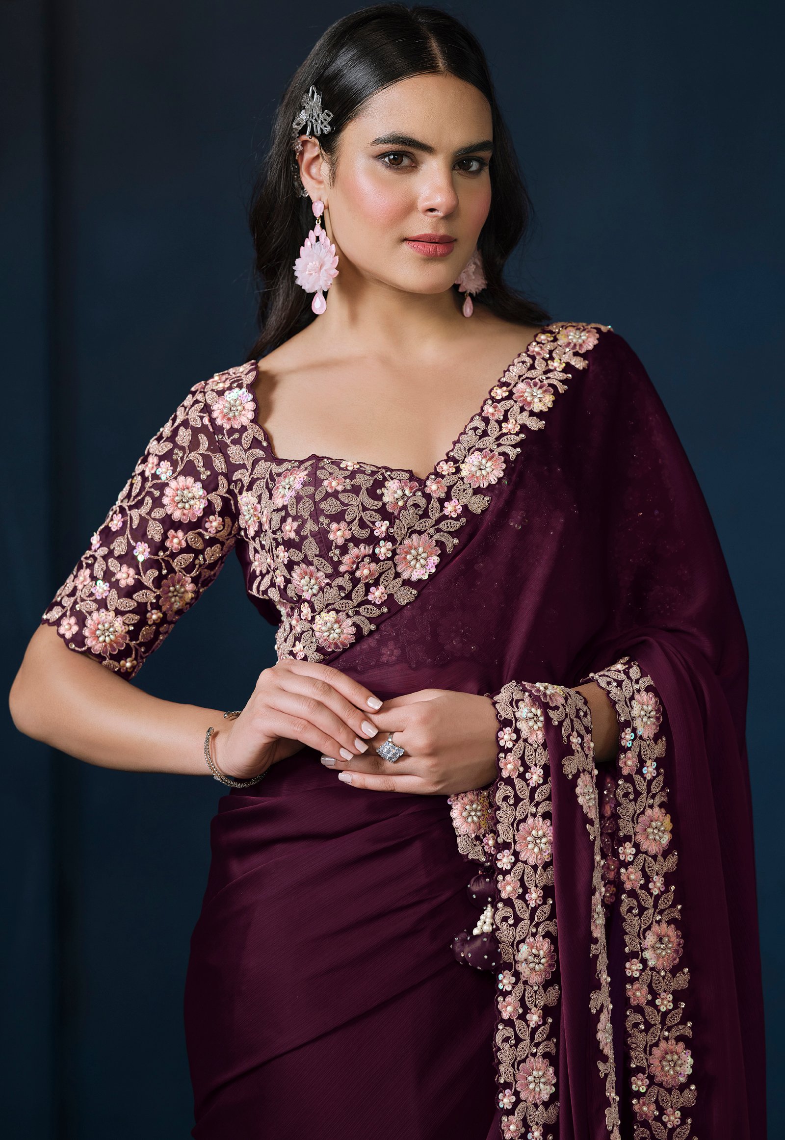 Designer Saree for Brothers Wedding in Maroon Colour Saree