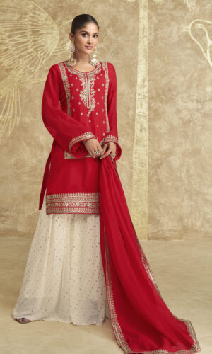 Indian Wedding Guest Dresses for Women Scarlet Red Salwar Sharara Suit