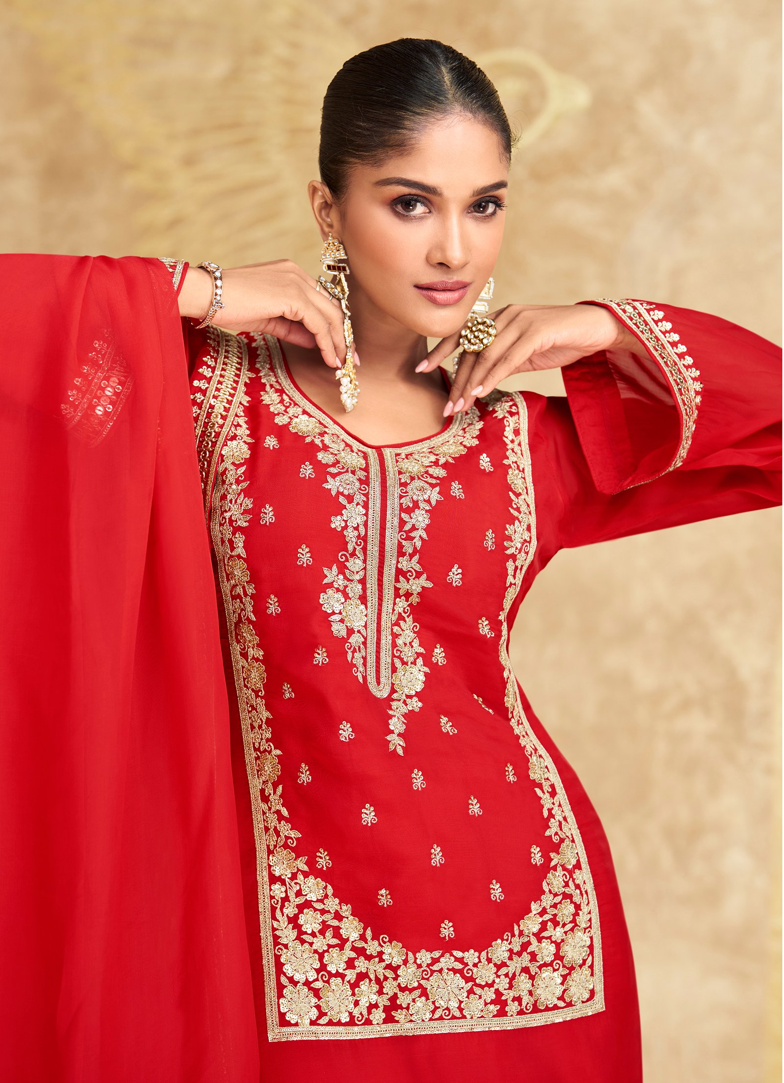 Indian Wedding Guest Dresses for Women Scarlet Red Salwar Sharara Suit