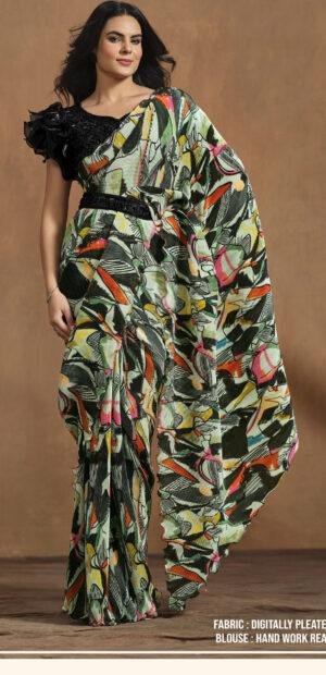 Modern Saree Blouse Designs Abstract Print Black Saree for Party