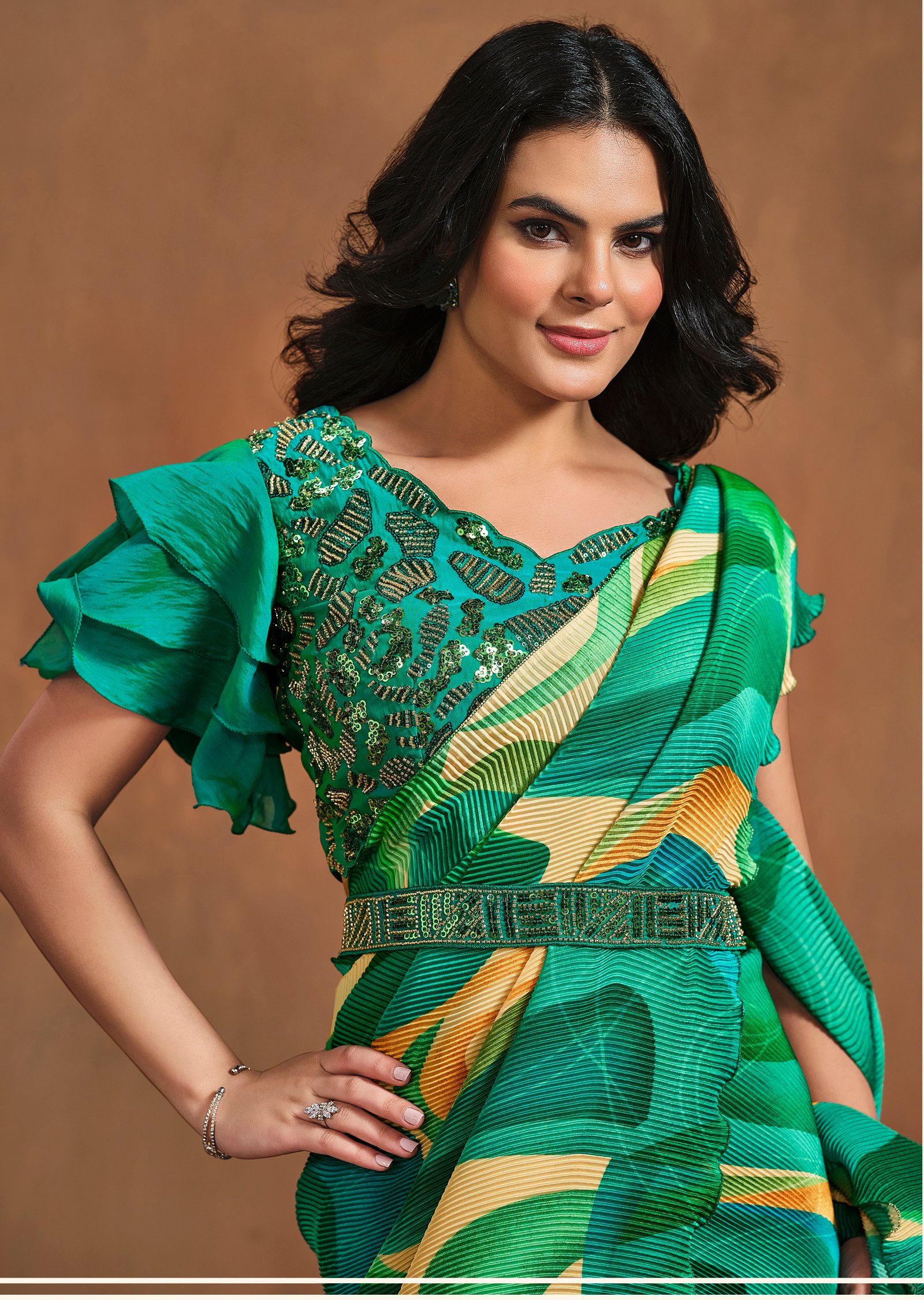 Modern Saree Blouse Designs Digital Print Parrot Green Saree Design