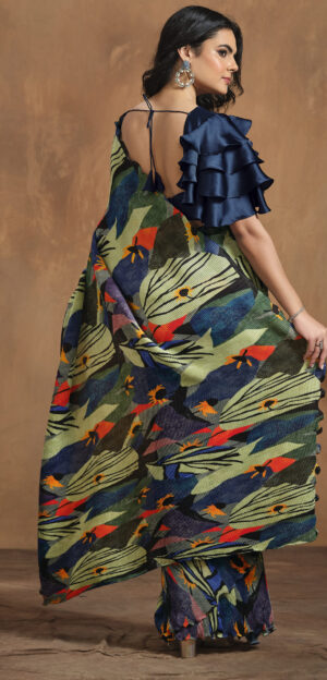 Modern Saree Blouse Designs Digial Print Saree Ink Blue