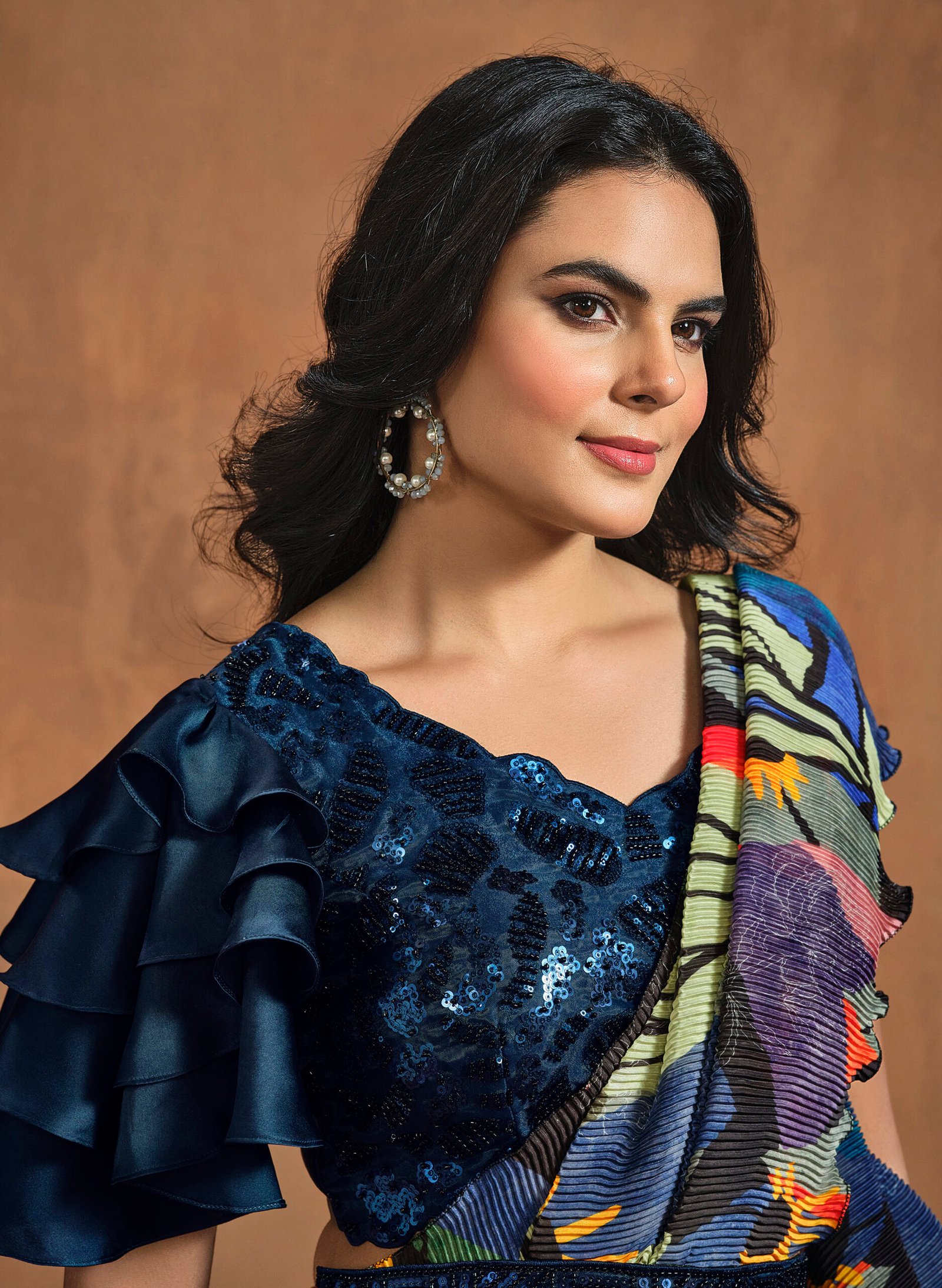 Modern Saree Blouse Designs Digial Print Saree Ink Blue