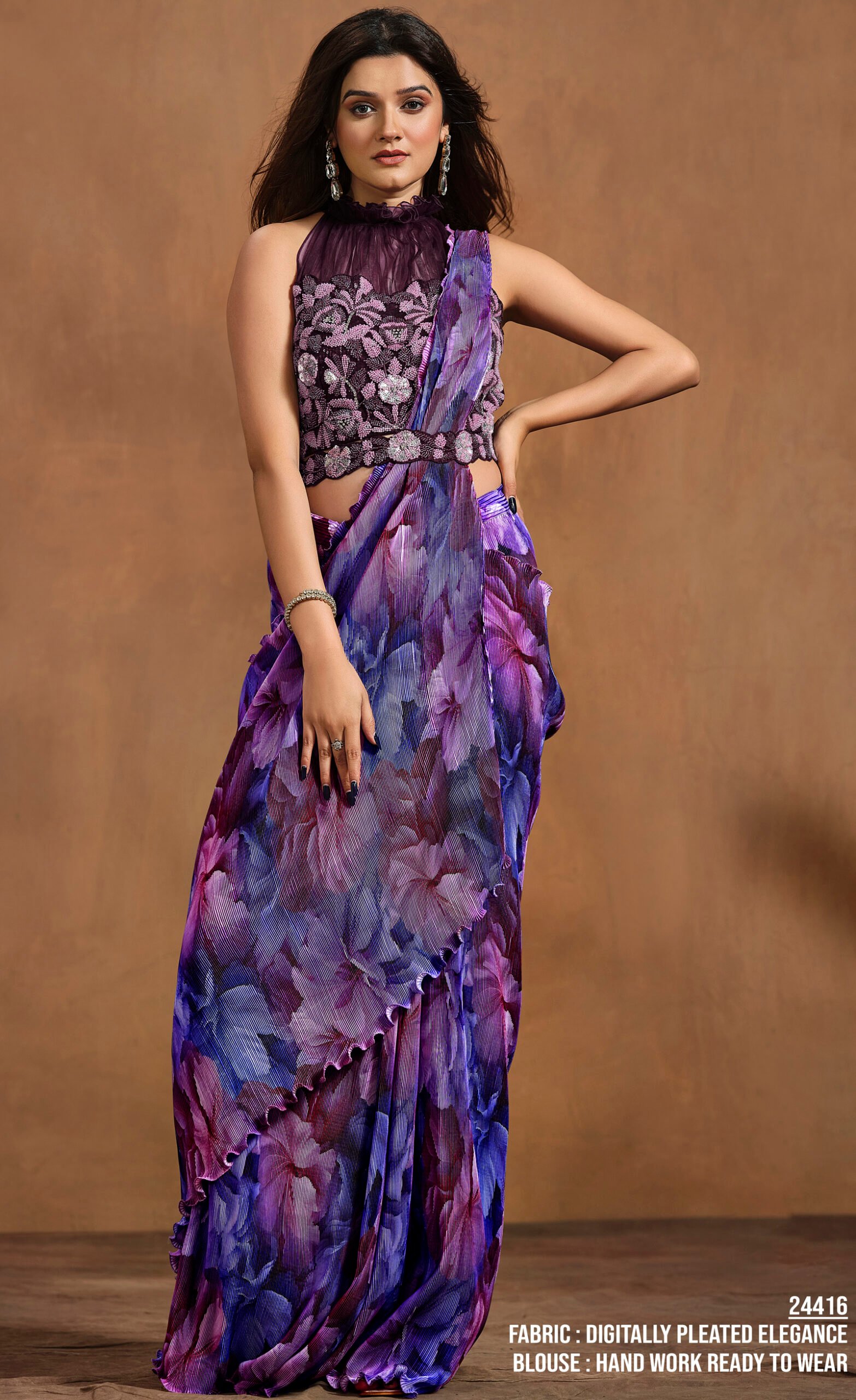 Modern Saree Blouse Designs Party Wear Pleated Purple Saree Design