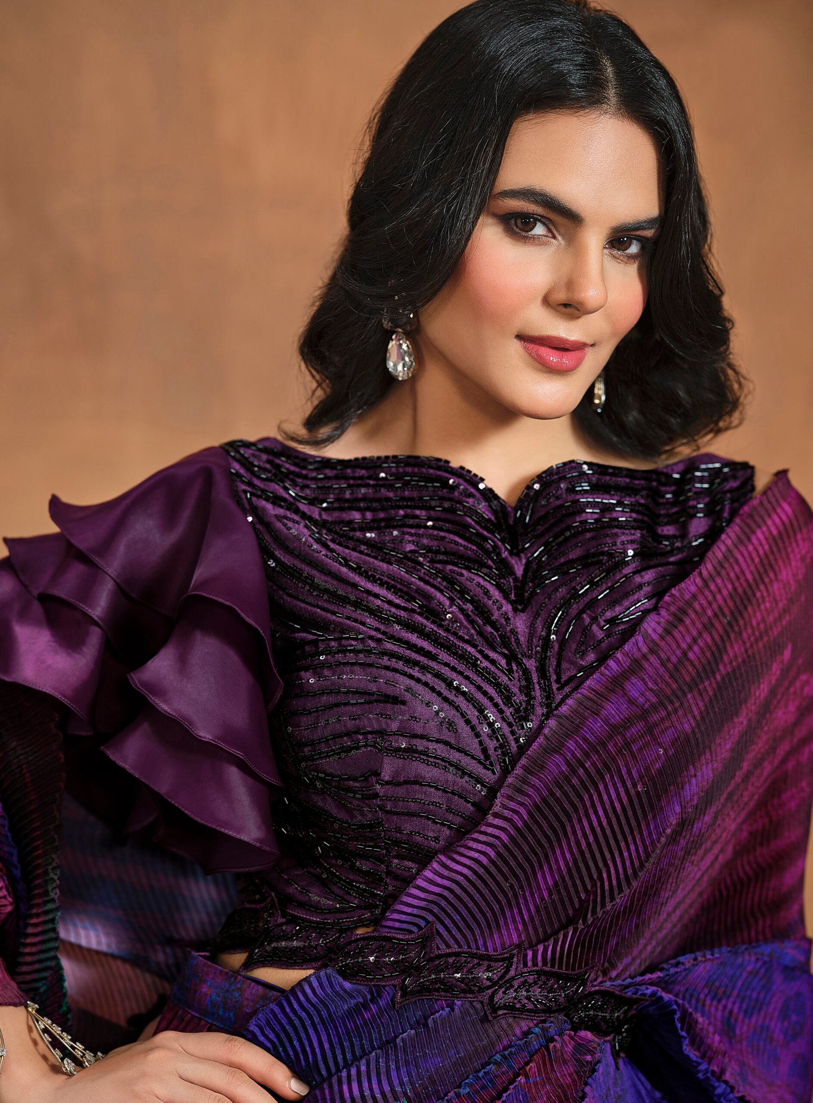 Modern Saree Blouse Designs Pleated Purple Saree