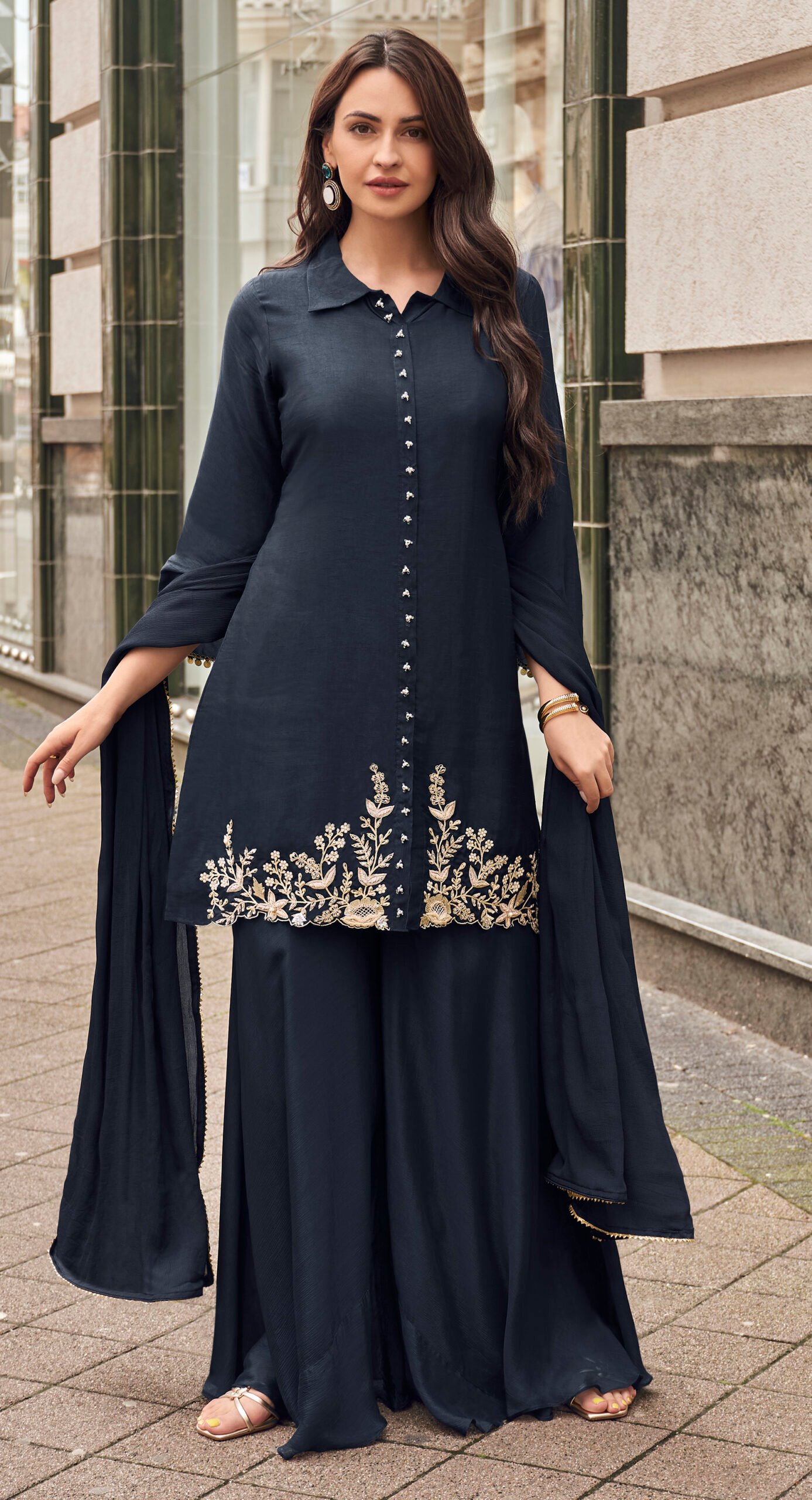 New Party Wear Salwar Kameez Charcoal Colour New Garara Style