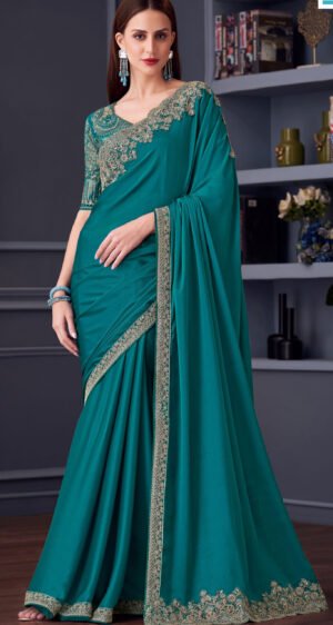 Fancy Party Wear Designer Saree Aqua Green Saree for Wedding