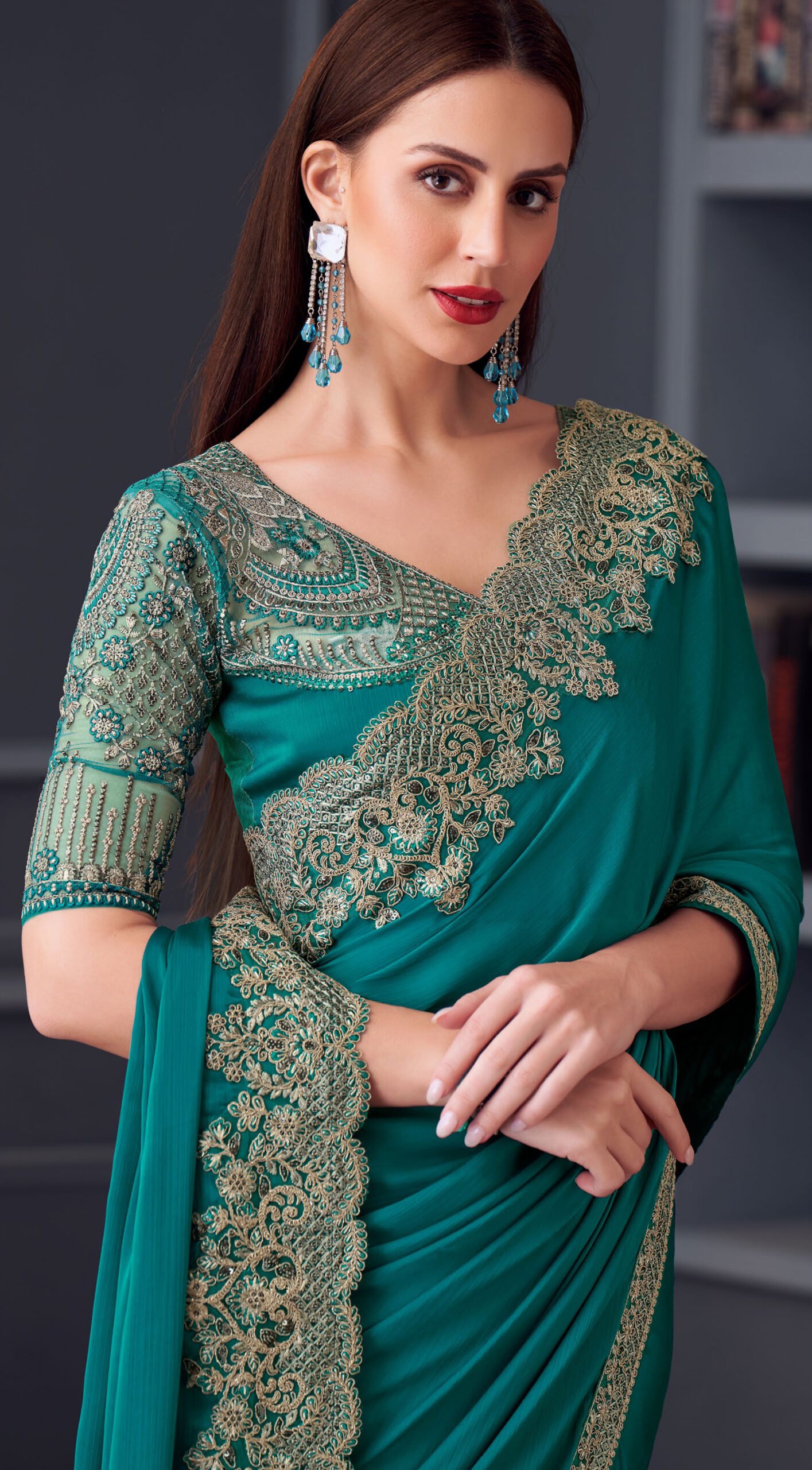 Fancy Party Wear Designer Saree Aqua Green Saree