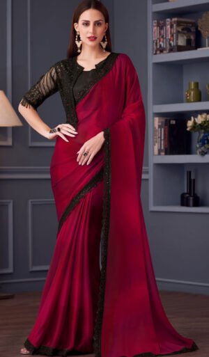 Fancy Party Wear Designer Saree Brick Red Saree Design