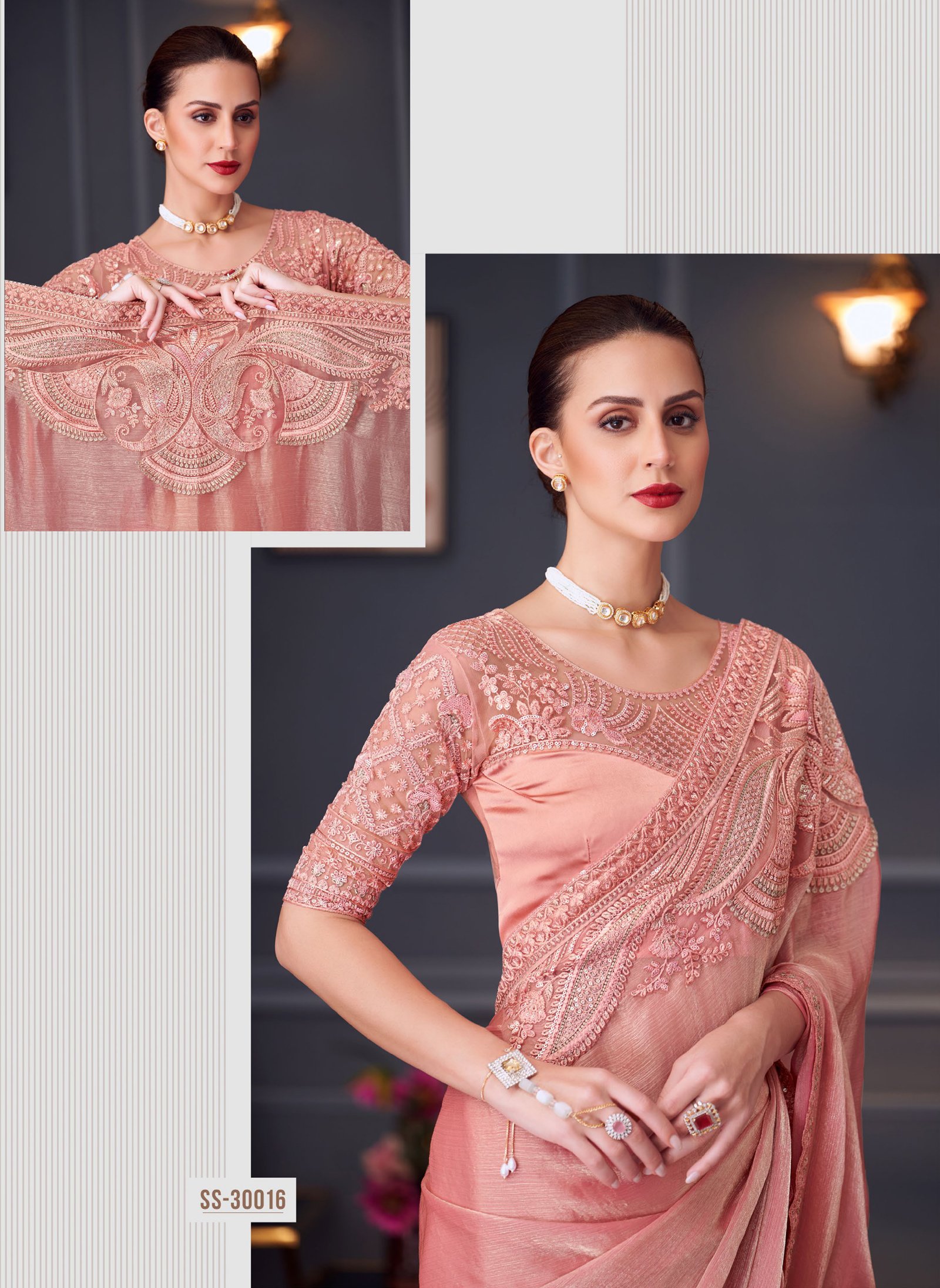 Fancy Party Wear Designer Saree Bright Coral Colour Saree Wedding