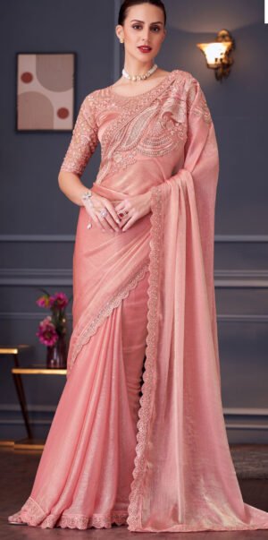 Fancy Party Wear Designer Saree Bright Coral Colour Saree