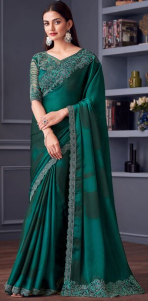 Fancy Party Wear Designer Saree Deep Green Saree for Wedding