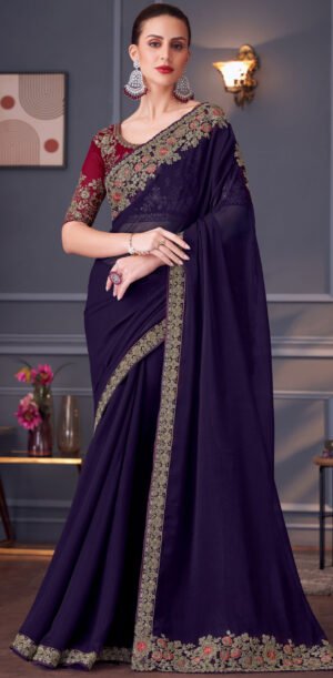 Fancy Party Wear Designer Saree Ink Blue Saree Contrast Blouse
